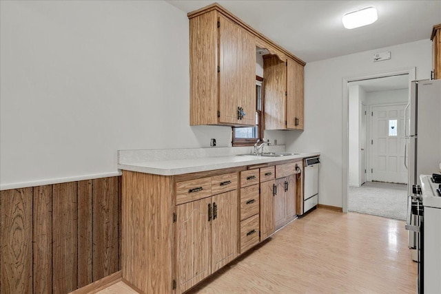 kitchen featuring a sink, white appliances, light wood-style flooring, a wealth of natural light, and light countertops