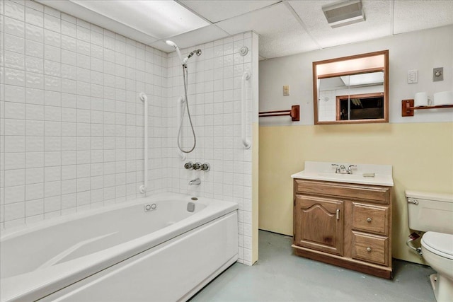full bath featuring finished concrete floors, toilet, bathtub / shower combination, visible vents, and vanity