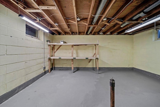 unfinished basement featuring concrete block wall