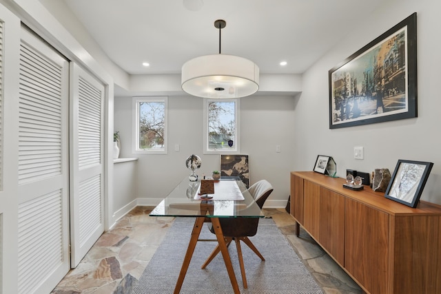 211 Peninsula Rd, Medicine Lake, MN 55441 - office area with stone tile floors, baseboards, and recessed lighting