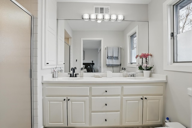 211 Peninsula Rd, Medicine Lake, MN 55441 - bathroom featuring toilet, a shower stall, and double vanity