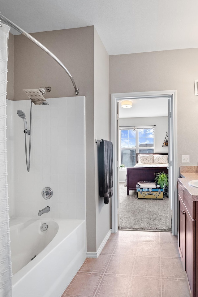 full bath featuring visible vents, shower / tub combination, and vanity
