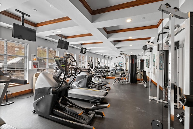 workout area featuring recessed lighting, baseboards, and coffered ceiling
