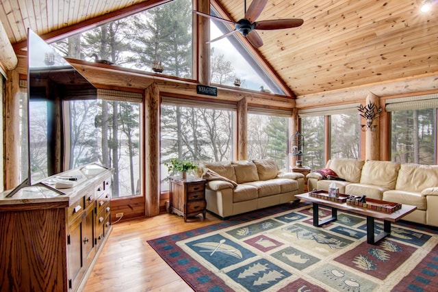 E6516 867th Ave, Colfax, WI 54730 - living room with wooden ceiling, ceiling fan, high vaulted ceiling, and light wood-style floors