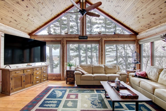 E6516 867th Ave, Colfax, WI 54730 - living area with high vaulted ceiling, a ceiling fan, plenty of natural light, wood ceiling, and light wood-style flooring