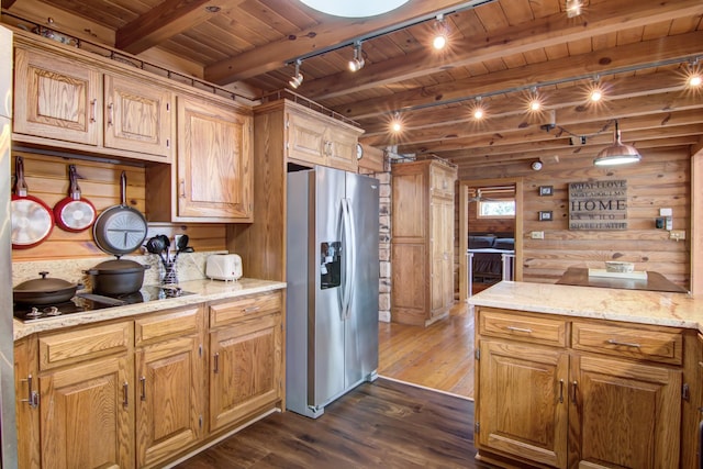 E6516 867th Ave, Colfax, WI 54730 - kitchen with stainless steel refrigerator with ice dispenser, wood ceiling with exposed beams, rail lighting, dark wood-style flooring, and black electric cooktop