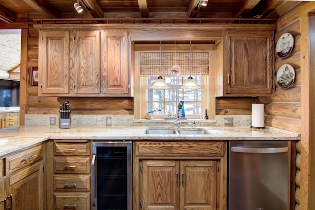 E6516 867th Ave, Colfax, WI 54730 - kitchen with dishwasher, wine cooler, wooden ceiling with exposed beams, track lighting, and a sink