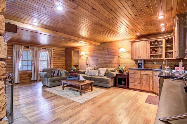 E6516 867th Ave, Colfax, WI 54730 - living room featuring wooden ceiling, light wood-type flooring, log walls, and recessed lighting