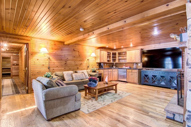 E6516 867th Ave, Colfax, WI 54730 - living area featuring wood ceiling, light wood-type flooring, and wood walls