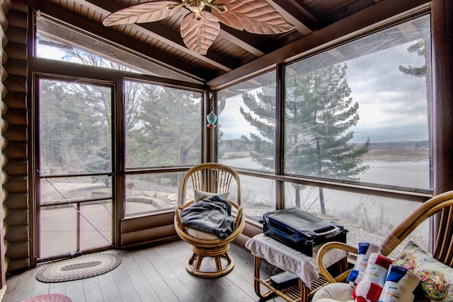 E6516 867th Ave, Colfax, WI 54730 - sunroom / solarium with wooden ceiling, hardwood / wood-style flooring, a ceiling fan, and log walls