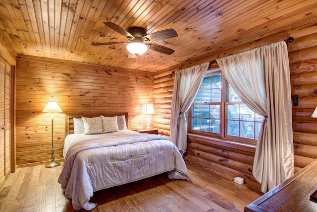 E6516 867th Ave, Colfax, WI 54730 - bedroom featuring rustic walls, wooden ceiling, hardwood / wood-style flooring, and ceiling fan