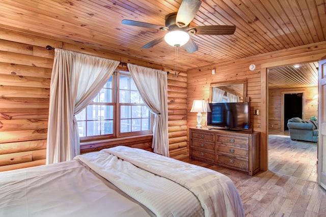 E6516 867th Ave, Colfax, WI 54730 - bedroom featuring rustic walls, hardwood / wood-style floors, wooden ceiling, and a ceiling fan