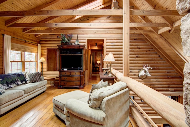 E6516 867th Ave, Colfax, WI 54730 - living area with wood ceiling, rustic walls, and light wood-style flooring