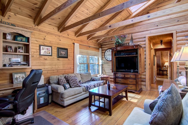 E6516 867th Ave, Colfax, WI 54730 - living room with wooden ceiling, a desk, light wood-style floors, a skylight, and wooden walls