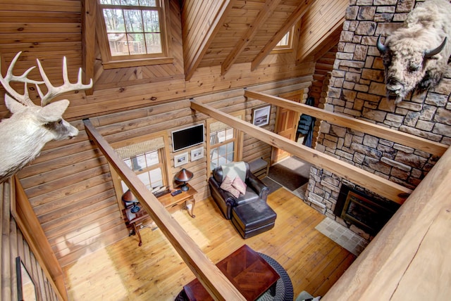 E6516 867th Ave, Colfax, WI 54730 - living room featuring wood-type flooring, a fireplace, and wooden ceiling