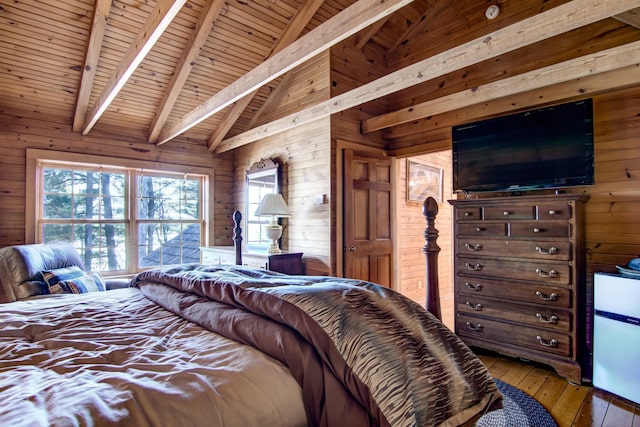 E6516 867th Ave, Colfax, WI 54730 - bedroom with wooden walls, wood ceiling, hardwood / wood-style floors, multiple windows, and freestanding refrigerator