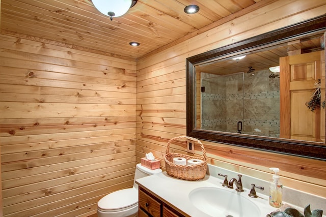 E6516 867th Ave, Colfax, WI 54730 - full bathroom with toilet, vanity, wood ceiling, wood walls, and an enclosed shower