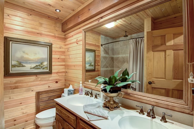 E6516 867th Ave, Colfax, WI 54730 - bathroom with wood ceiling, toilet, curtained shower, wood walls, and double vanity