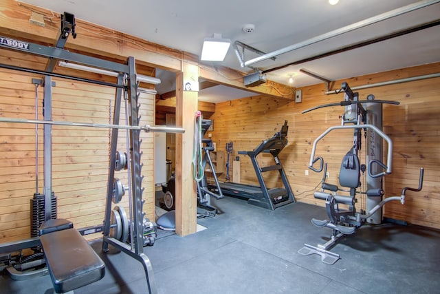 E6516 867th Ave, Colfax, WI 54730 - exercise room featuring wood walls