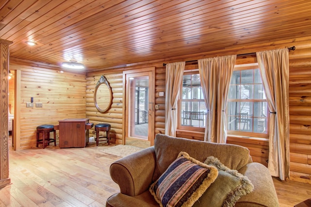 E6516 867th Ave, Colfax, WI 54730 - living area featuring wood-type flooring, rustic walls, wood ceiling, and plenty of natural light