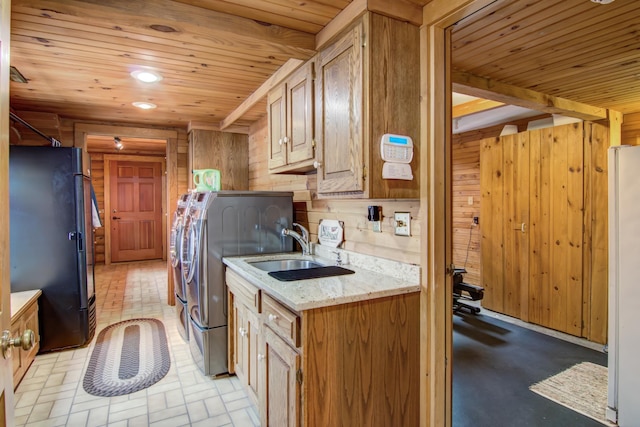 E6516 867th Ave, Colfax, WI 54730 - laundry area with wood ceiling, wood walls, washer and dryer, cabinet space, and recessed lighting