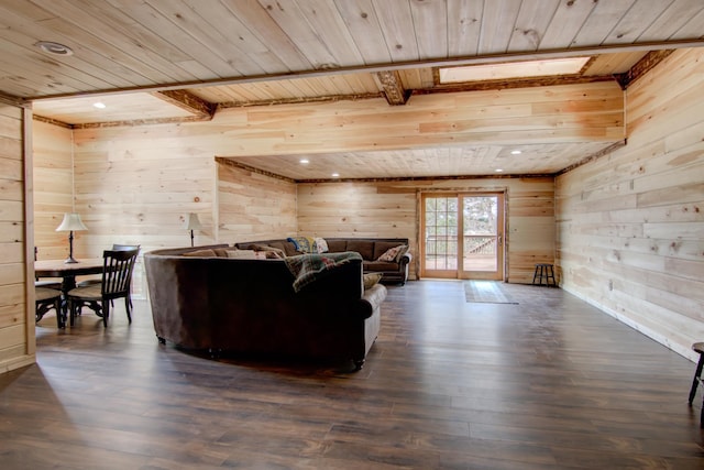 E6516 867th Ave, Colfax, WI 54730 - living room featuring wood walls, wood ceiling, and dark wood finished floors