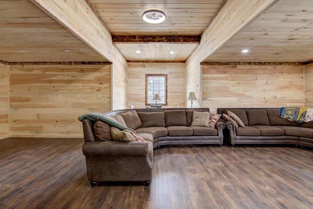 E6516 867th Ave, Colfax, WI 54730 - living area featuring wood ceiling with exposed beams, wooden walls, wood finished floors, and recessed lighting