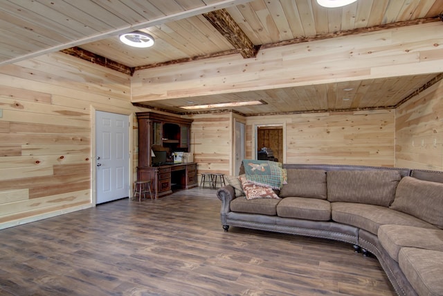E6516 867th Ave, Colfax, WI 54730 - living room with wood ceiling with exposed beams, wooden walls, and dark wood-style floors