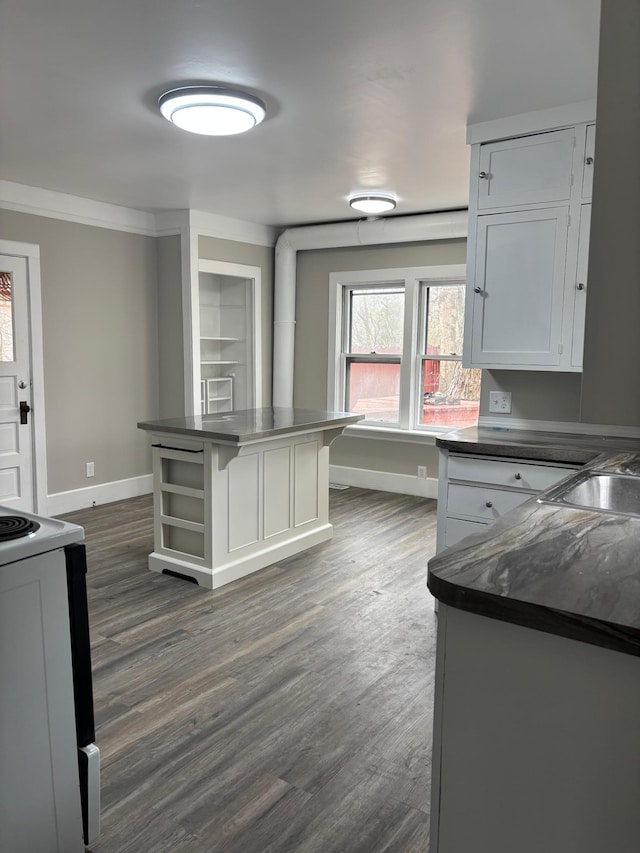 718 4th St N, Stillwater, MN 55082 - kitchen with range with electric stovetop, baseboards, dark wood-style floors, and dark countertops