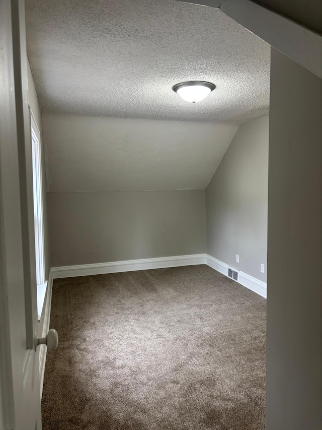 718 4th St N, Stillwater, MN 55082 - bonus room featuring a textured ceiling, carpet, baseboards, lofted ceiling, and visible vents