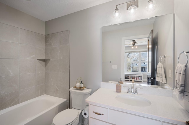 12816 Cedar Ridge Ln, Champlin, MN 55316 - full bath featuring vanity, ceiling fan, bathtub / shower combination, and a textured ceiling