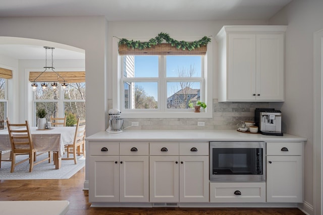 12816 Cedar Ridge Ln, Champlin, MN 55316 - kitchen featuring stainless steel microwave, decorative backsplash, and healthy amount of natural light