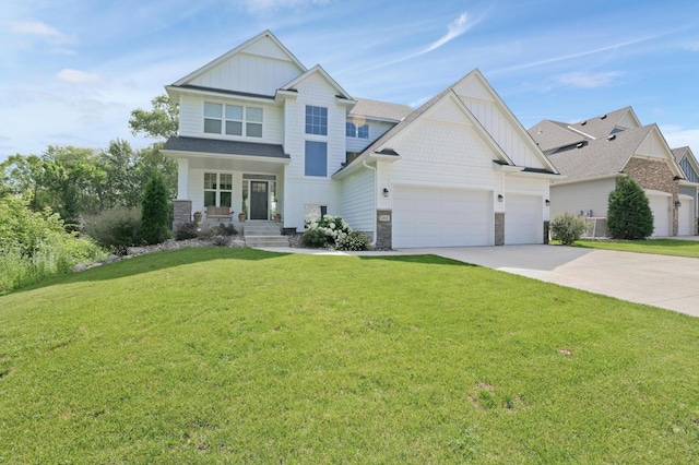 12816 Cedar Ridge Ln, Champlin, MN 55316 - craftsman-style home with board and batten siding, stone siding, a garage, a front yard, and concrete driveway