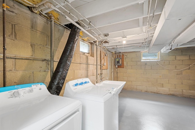 laundry room featuring separate washer and dryer, laundry area, a sink, and electric panel