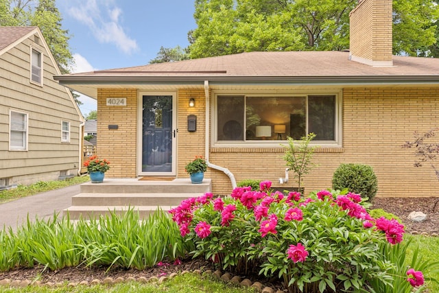 4024 Quentin Ave, Saint Louis Park, MN 55416 - doorway to property with brick siding, a chimney, and roof with shingles