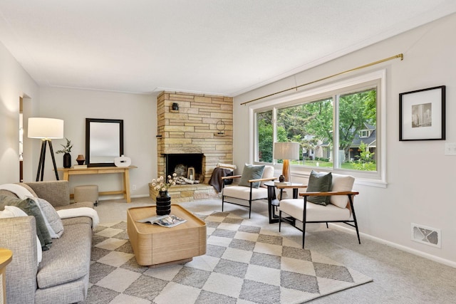 4024 Quentin Ave, Saint Louis Park, MN 55416 - living area featuring light carpet and a stone fireplace