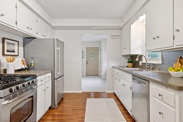 4024 Quentin Ave, Saint Louis Park, MN 55416 - kitchen featuring appliances with stainless steel finishes, white cabinetry, and dark wood-type flooring