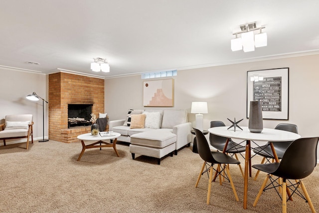 4024 Quentin Ave, Saint Louis Park, MN 55416 - carpeted living room with ornamental molding and a brick fireplace