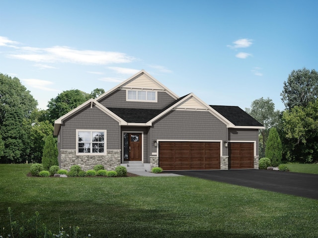 19999 Hunters Rdg, Corcoran, MN 55374 - craftsman inspired home featuring stone siding, an attached garage, a front yard, and asphalt driveway