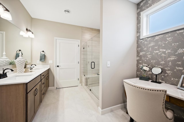 19999 Hunters Rdg, Corcoran, MN 55374 - bathroom with double vanity, a stall shower, wallpapered walls, and baseboards