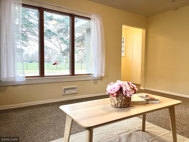 dining room featuring carpet flooring and baseboards