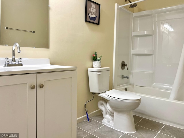 bathroom with vanity, toilet, baseboards, tile patterned flooring, and shower / bath combination with curtain