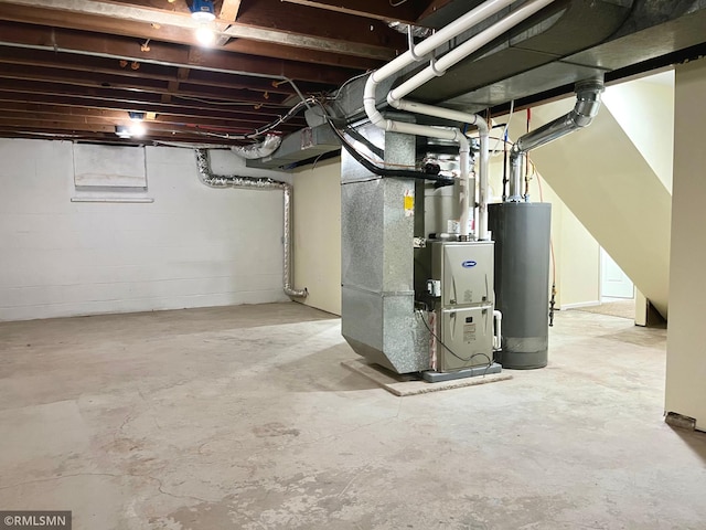 unfinished below grade area featuring heating unit and gas water heater
