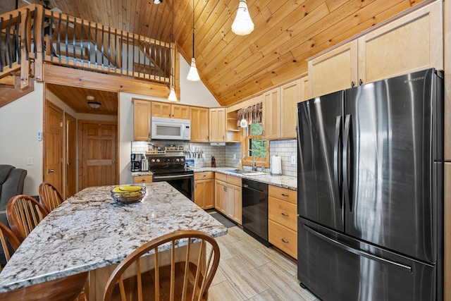 kitchen featuring light brown cabinetry, open shelves, a sink, black appliances, and wooden ceiling