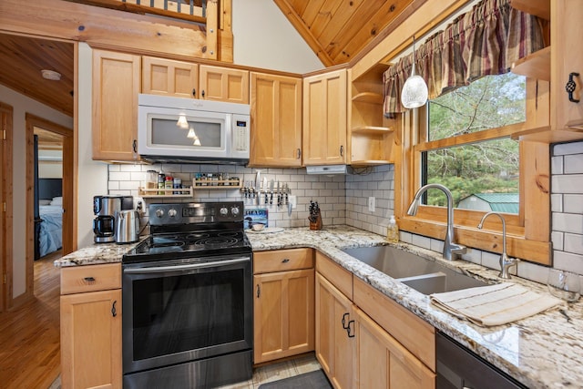 kitchen featuring electric range oven, white microwave, a sink, and wooden ceiling