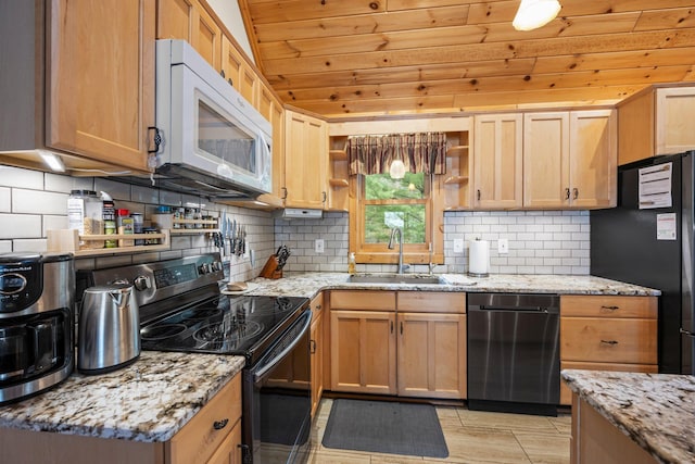 kitchen featuring a sink, stainless steel appliances, tasteful backsplash, open shelves, and wooden ceiling