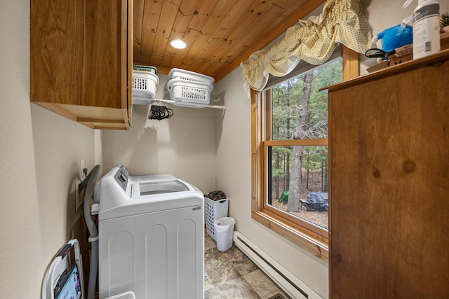 laundry area featuring cabinet space, recessed lighting, washing machine and clothes dryer, baseboard heating, and wood ceiling