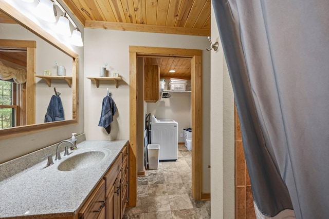 bathroom featuring wooden ceiling and vanity