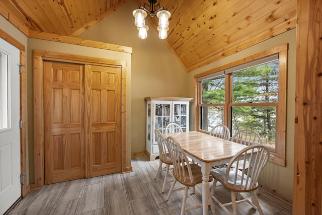 dining space with vaulted ceiling, a chandelier, light wood-style flooring, and wood ceiling