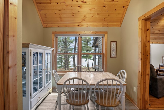 dining room with wooden ceiling, vaulted ceiling, and wood finished floors